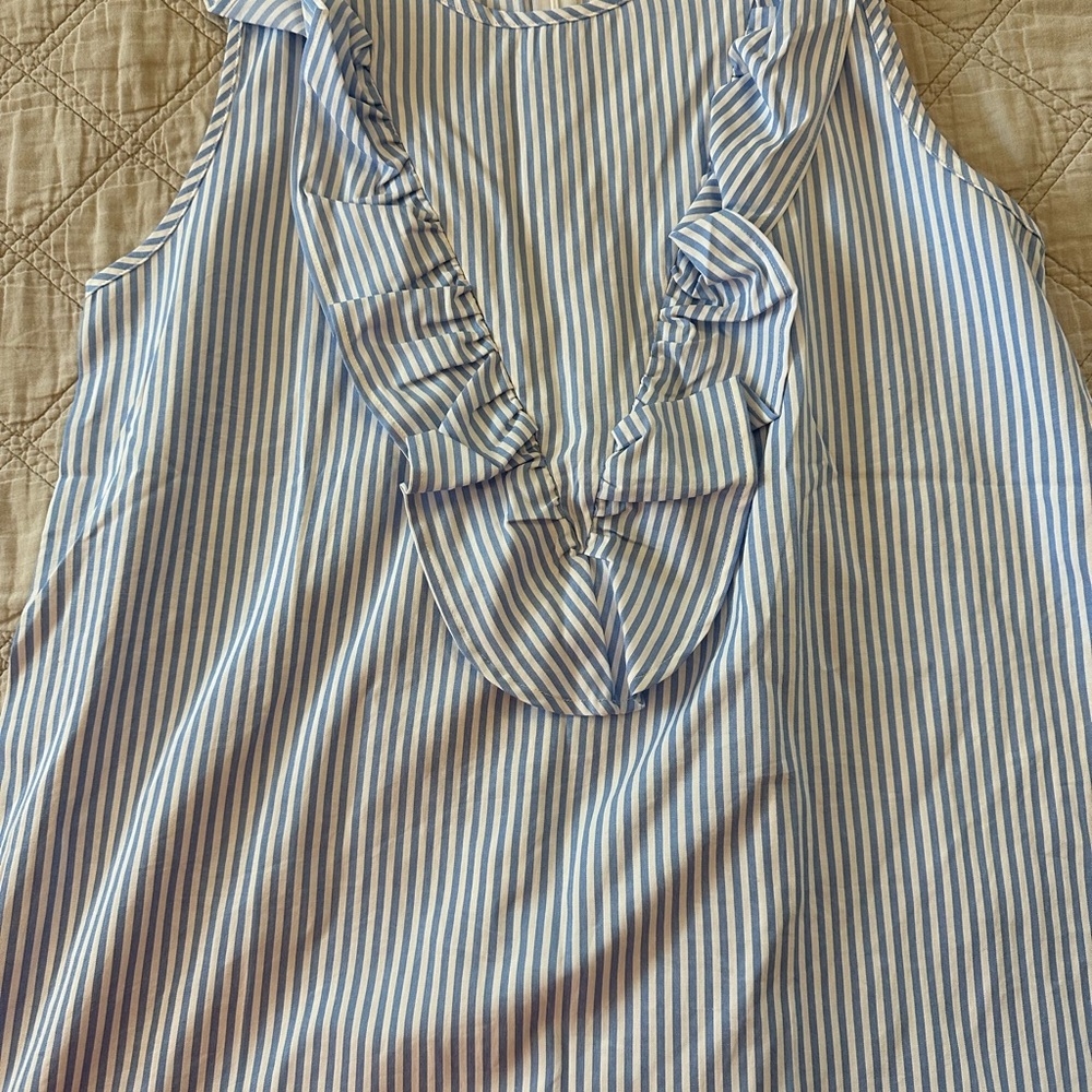 Nursing Queen White and Blue Ruffled Bib Collar Blouse